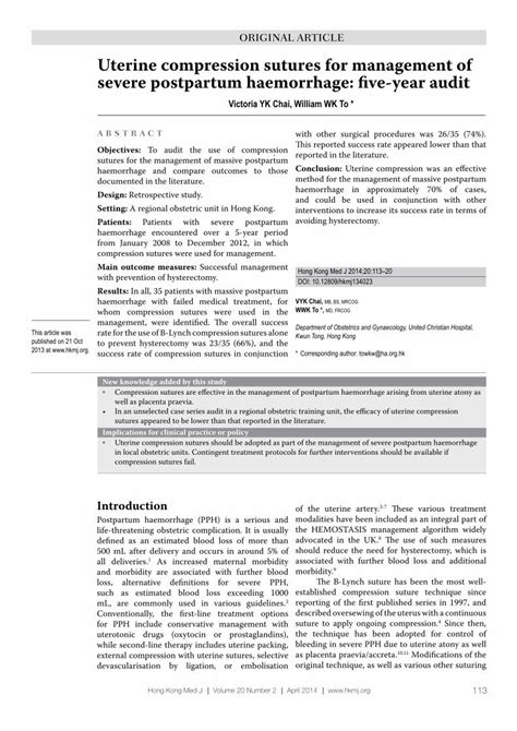 Pdf Uterine Compression Sutures For Management Of Severe · Postpartum Haemorrhage Pph