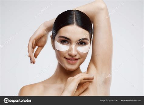 Pretty Woman Naked Shoulders Face Skin Care Light Background Stock