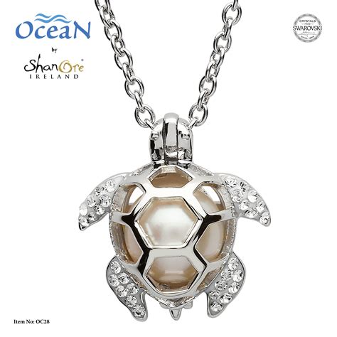 Silver Pearl Turtle Pendant Adorned With Swarovski White Crystal By