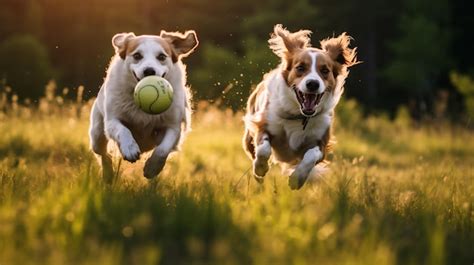 Dos Perros Corriendo Con Una Pelota En La Boca Foto Premium