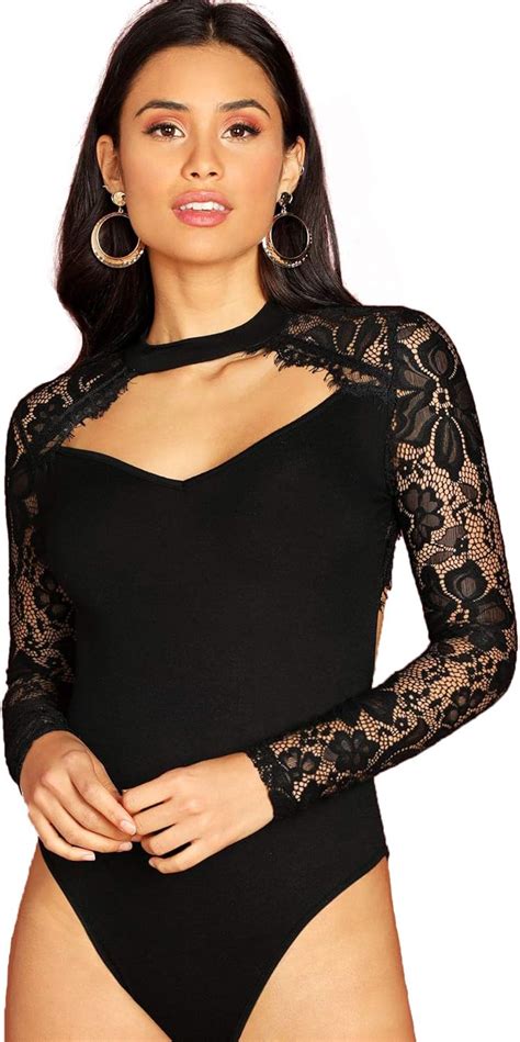 Didk Womens Elegant Long Sleeve Bodysuit With Lace Sleeves Bodysuits