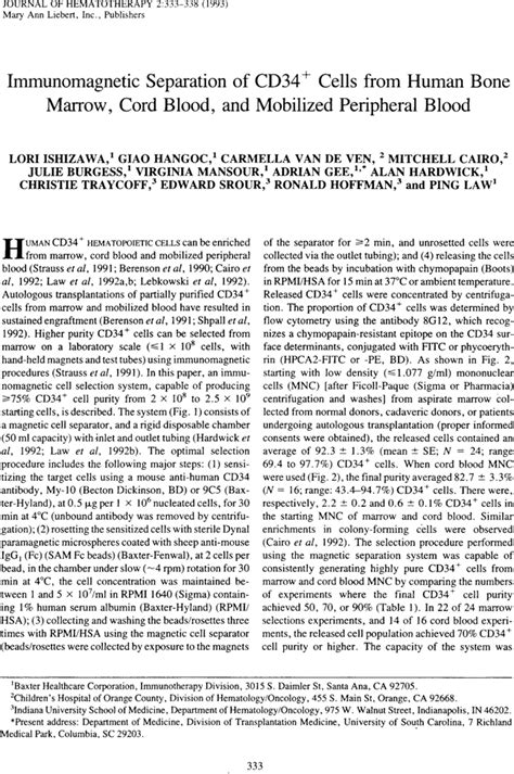 Immunomagnetic Separation Of Cd34 Cells From Human Bone Marrow Cord