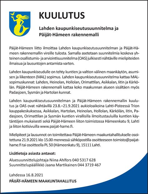 KUULUTUS Lahden kaupunkiseutusuunnitelman ja Päijät Hämeen