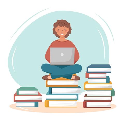 Premium Vector Girl Sitting On Books With Laptop