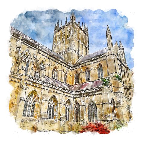 Wells Cathedral England Watercolor sketch hand drawn illustration