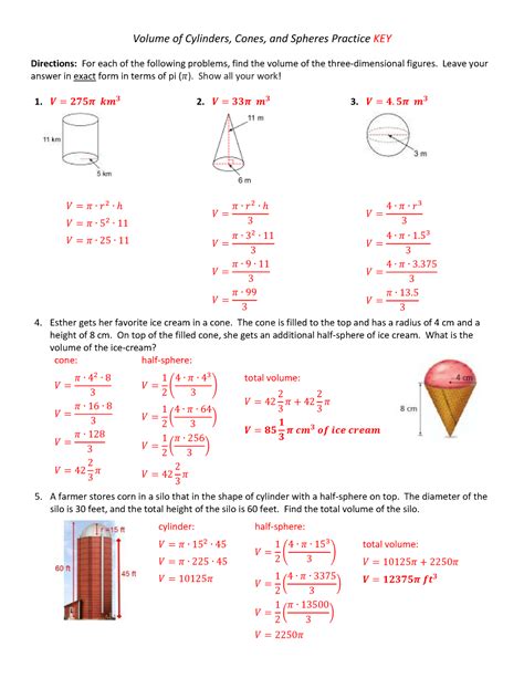 Volume Of Cylinders Cones And Spheres Practice Ws Key Volume