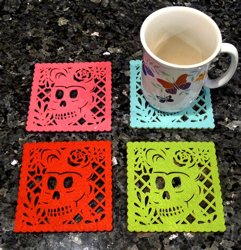 Double Sided Felt Papel Picado Coaster Sets Muertos Skull Patterns