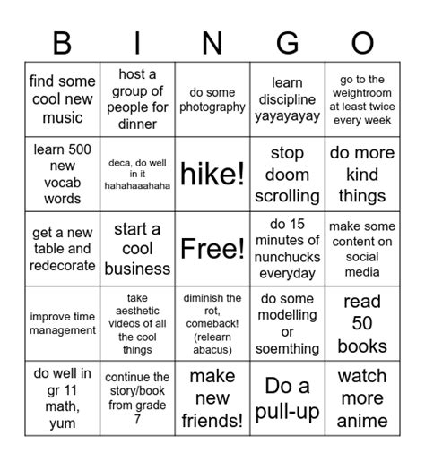 Goals Bucket List Bingo Card