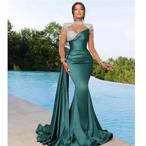 Sexy Mermaid Rhinestones Satin Crystals Evening Gowns For Women Proms