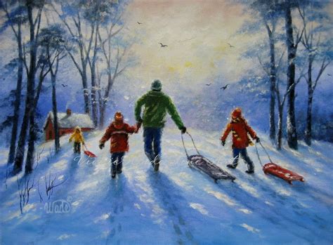 Sledding With Dad Print Three Children Snow By Vickiewadefineart