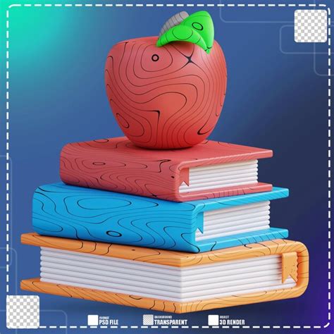 Ilustração 3d da pilha de livros e maçã 3 PSD Premium