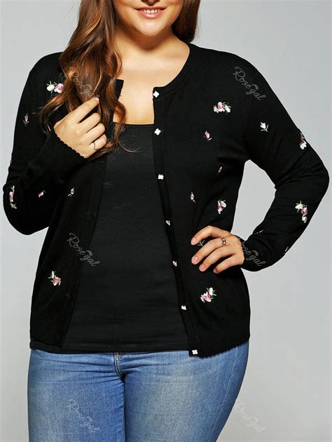 Black Plus Size Floral Embroidered Cardigan