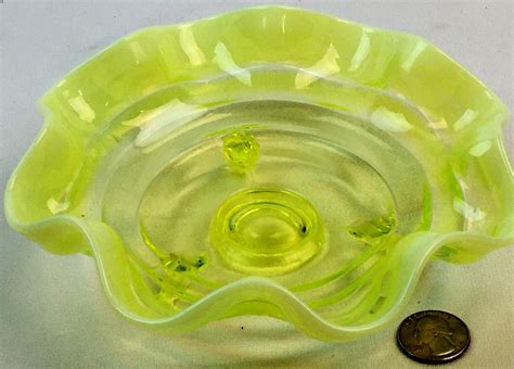 Sold Price Vintage Fenton Yellow Vaseline Glass Footed Bowl With Opalescent Ruffled Edge