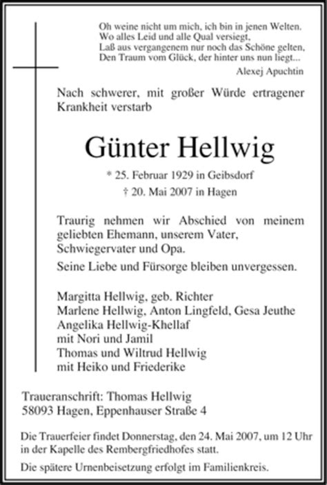 Traueranzeigen von Günter Hellwig Trauer in NRW de