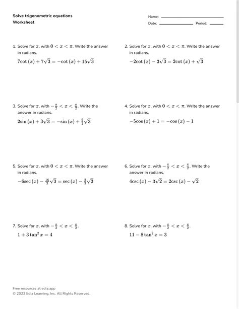 Solving Trigonometric Equations Worksheet