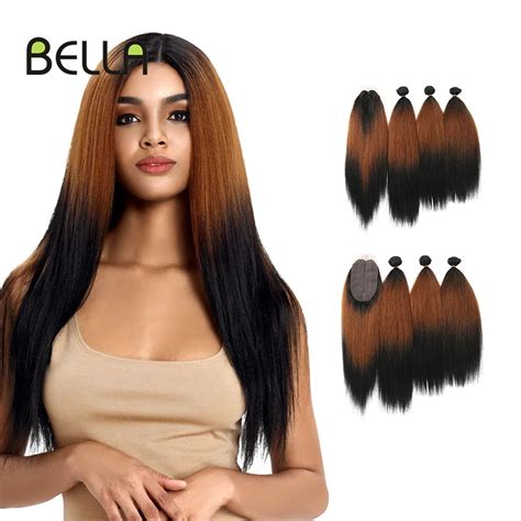 Yaki mechones de pelo liso con cierre extensiones de cabello sintético