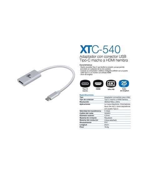 ADAPTADOR XTECH USB C A HDMI 4K A 30Hz 5Gbps 25CM XTC 540 WH