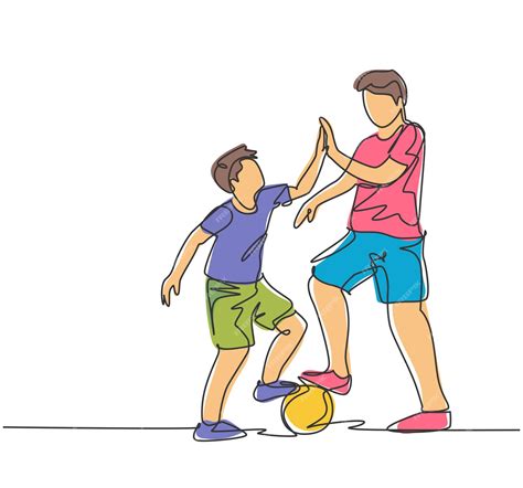 Premium Vector Single Line Drawing Of Father And Son Playing Football On Outdoor Field And