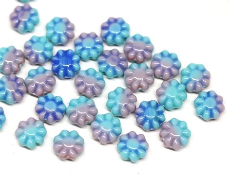 Blue Pink Flower Beads 9mm Czech Glass Flat Daisy Floral Beads Pink