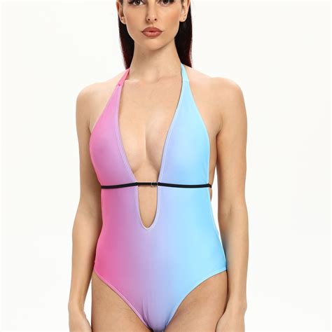 Ombre Halter One Piece Swimsuit, High Cut Bathing Suit, Monokini ...