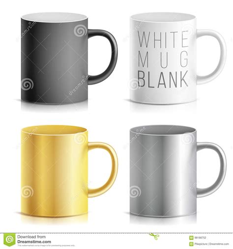 Taza Realista Vector Determinado De La Taza Blanco Negro De Plata