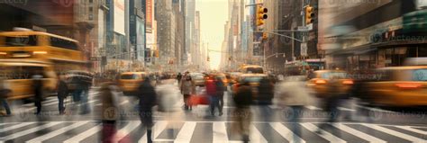 Blurred Busy Street Scene With Crowds Of People Walking Across An Intersection In New York City