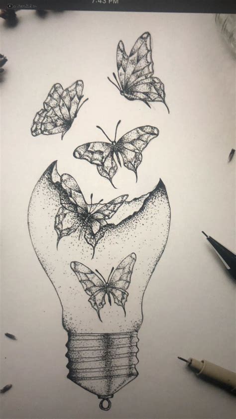 A Drawing Of A Light Bulb With Butterflies Flying Out Of It And On Top