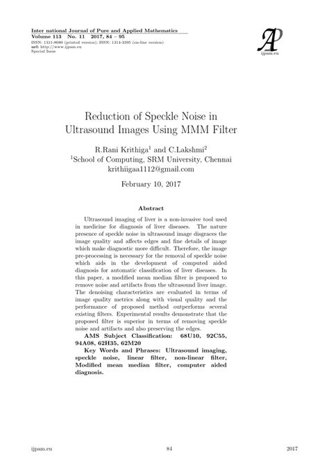 (PDF) Reduction of Speckle Noise in Ultrasound Images Using MMM Filter