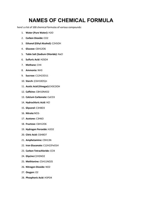 SOLUTION: 100 names of chemical formula - Studypool