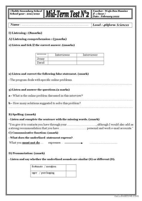 Mid Term Test N2 4th Form English ESL Worksheets Pdf Doc