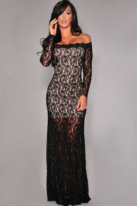 Black Lace Nude Illusion Off Shoulder Evening Dress Sexy Affordable