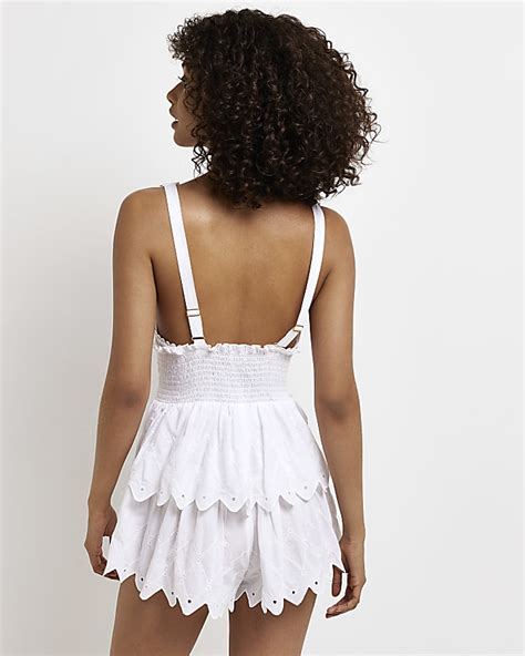 White Broderie Tiered Playsuit River Island