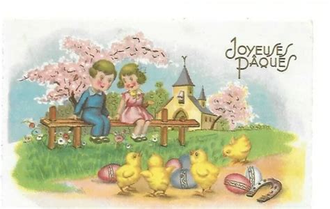 CPA CARTES POSTALES anciennes Joyeuses Pâques poussins enfants paysage