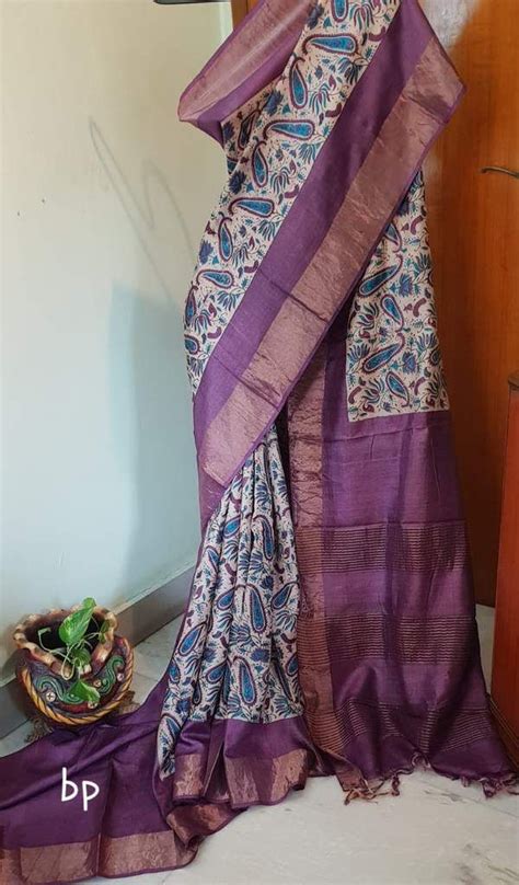 Violet Block Printed Zari Border Tussar Silk Sarees Tussar Silk Saree