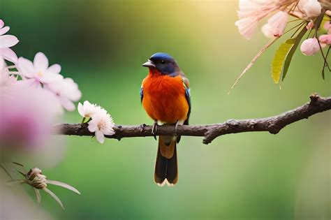 Un P Jaro Con Cabeza Azul Y Plumas Naranjas Se Sienta En Una Rama Con