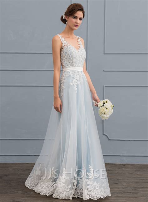 A Line V Neck Floor Length Tulle Lace Wedding Dress With Beading