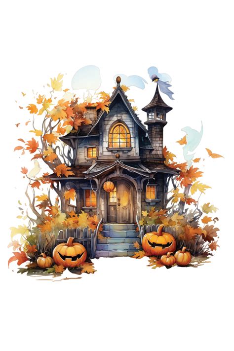 Happy Halloween Cottages Watercolor Scary Skeleton Witch House Cute