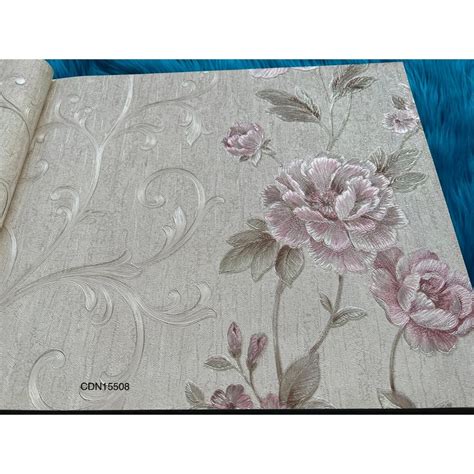 Jual Wallpaper Dinding Bunga Ulir Daun Ungu Pink Gold Biru Timbul