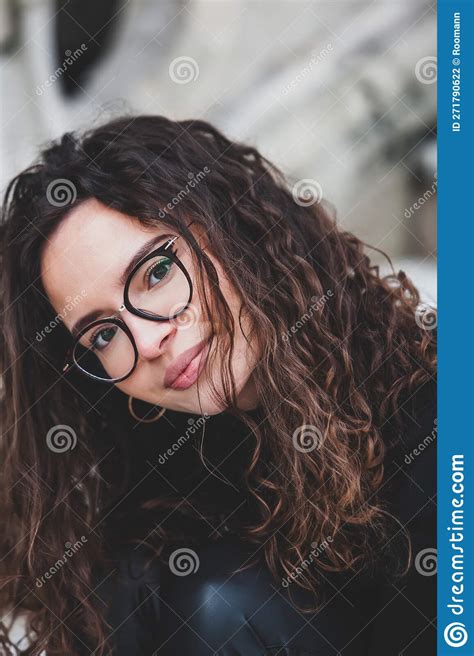 Beautiful Young Woman With Brunette Curly Hair Portrait In Eye Glasses