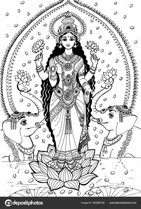 Goddess Lakshmi Stands Lotus Flower Two Elephants Located Side Goddess