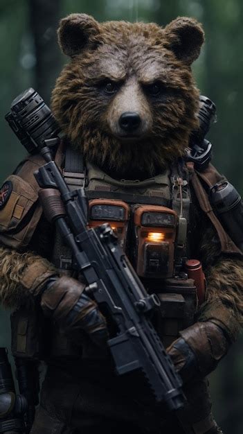 Premium AI Image | A bear with a gun in the background