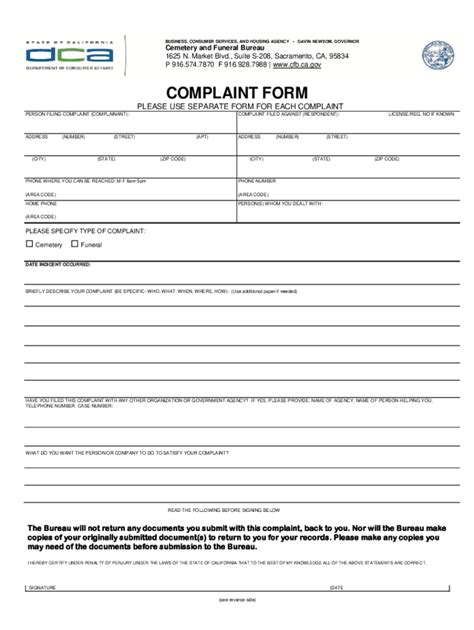 Fillable Online Cfb Ca Cemetery And Funeral Bureau Complaint Form