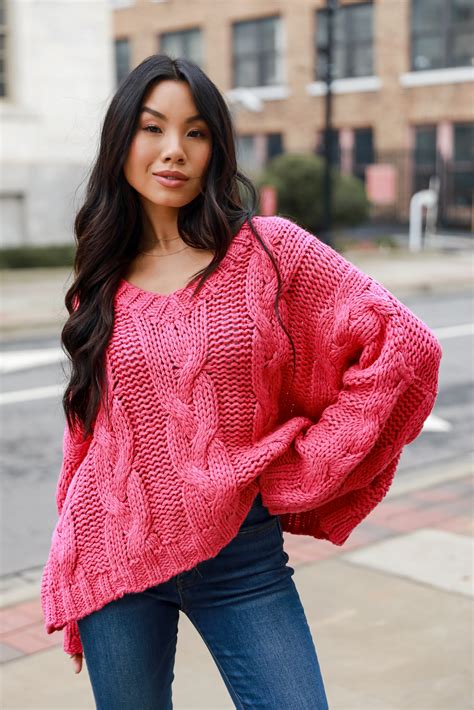 Cozy Hot Pink Cable Knit Sweater Cute Sweaters Dress Up