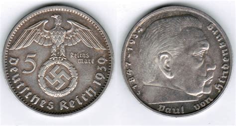 Drittes Reich 5 Reichsmark 1939 J Hindenburg Mit HK 13 89 G 900er