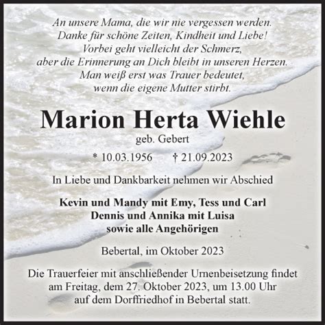 Traueranzeigen Von Marion Herta Wiehle Abschied Nehmen De