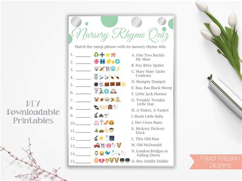 Emoji Nursery Rhyme Quiz Mint Green And Silver Baby Shower Game