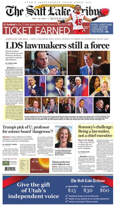 SL Tribune, front page: LDS Lawmakers Still A Force. : r/exmormon