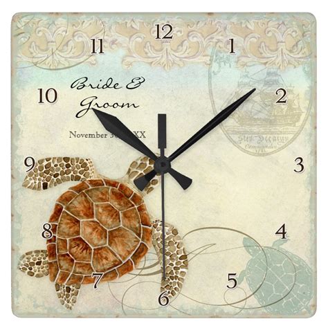 Sea Turtle Modern Coastal Ocean Beach Swirls Style Square Wall Clock