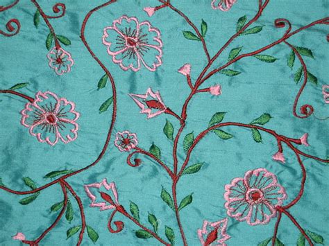 Pure Silk Dupioni Fabric Floral Embroidery On Blue