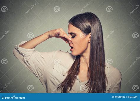 Woman Pinches Nose Looks With Disgust Something Stinks Bad Smell Stock